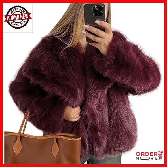 Faux Fur Coat Fluffy Jacket Winter Parka Shawl Collar Snap Closure Pockets